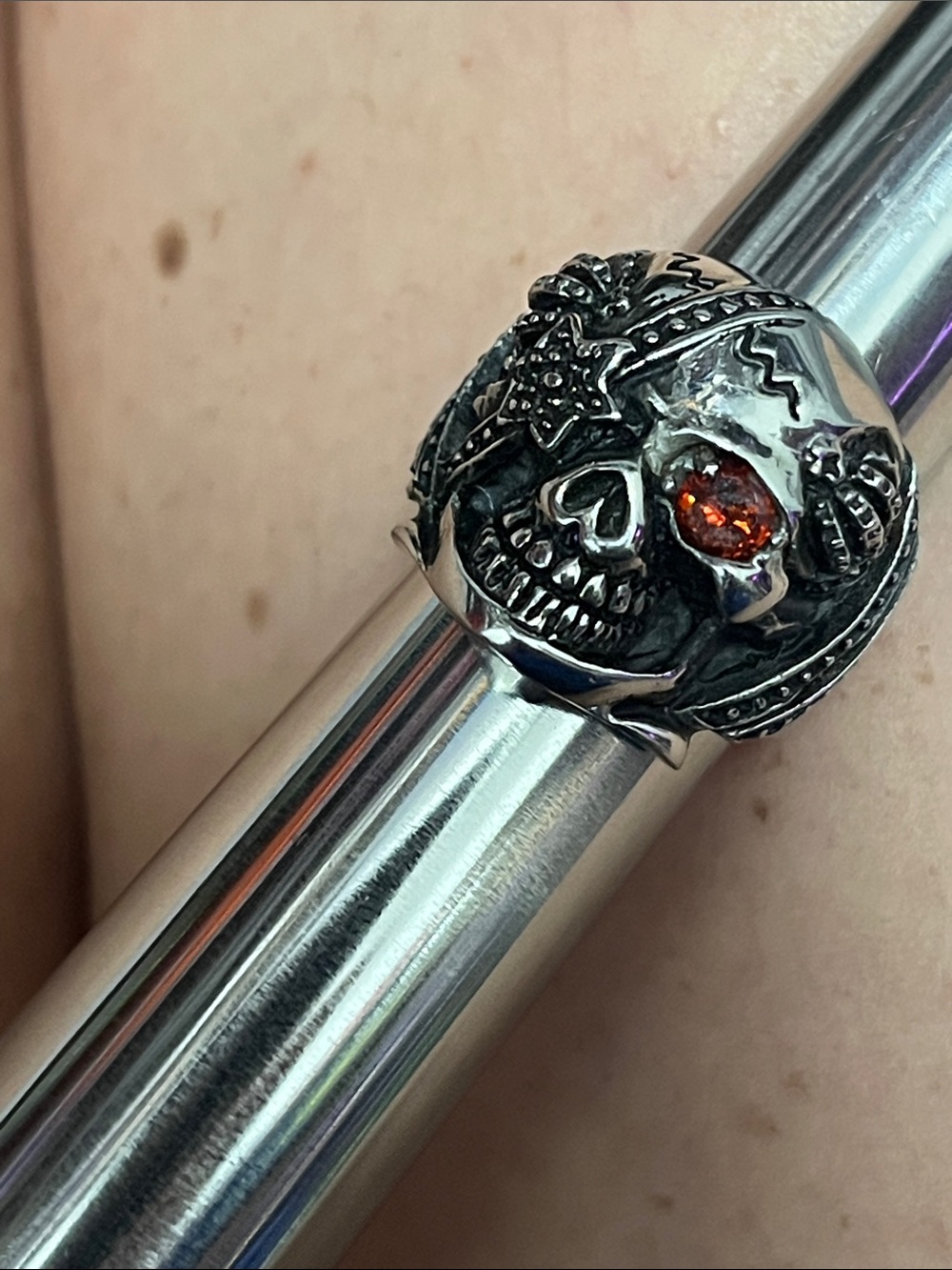 Stainless steel Skull Ring with Garnet Stone Accent
